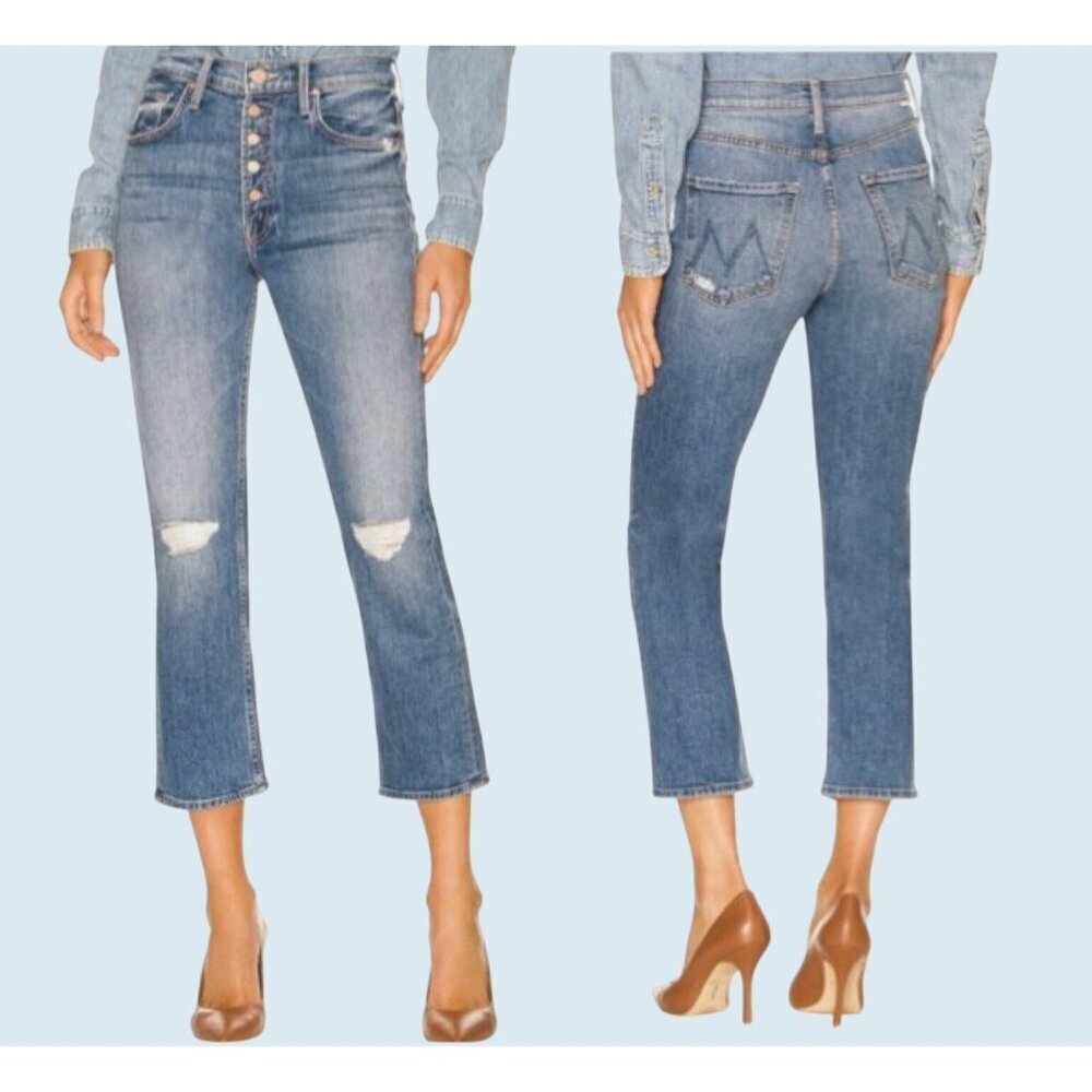 MOTHER The Pixie Tomcat Exposed Button Fly Distressed Crop Jeans Sz 25